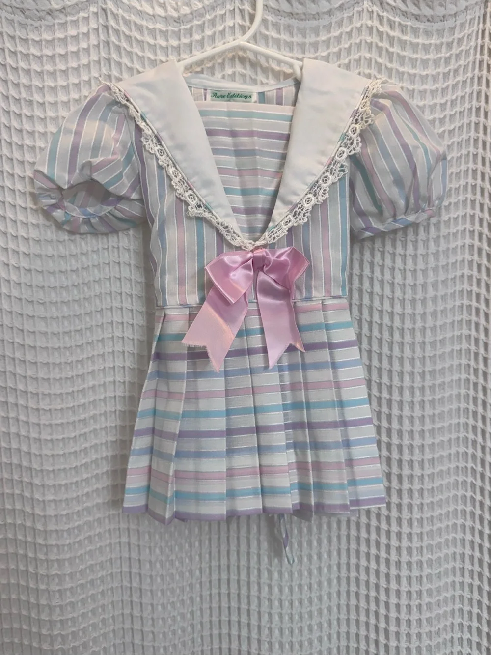 Vintage Rare Editions Pastel Striped Sailor Dress with Pink Bow